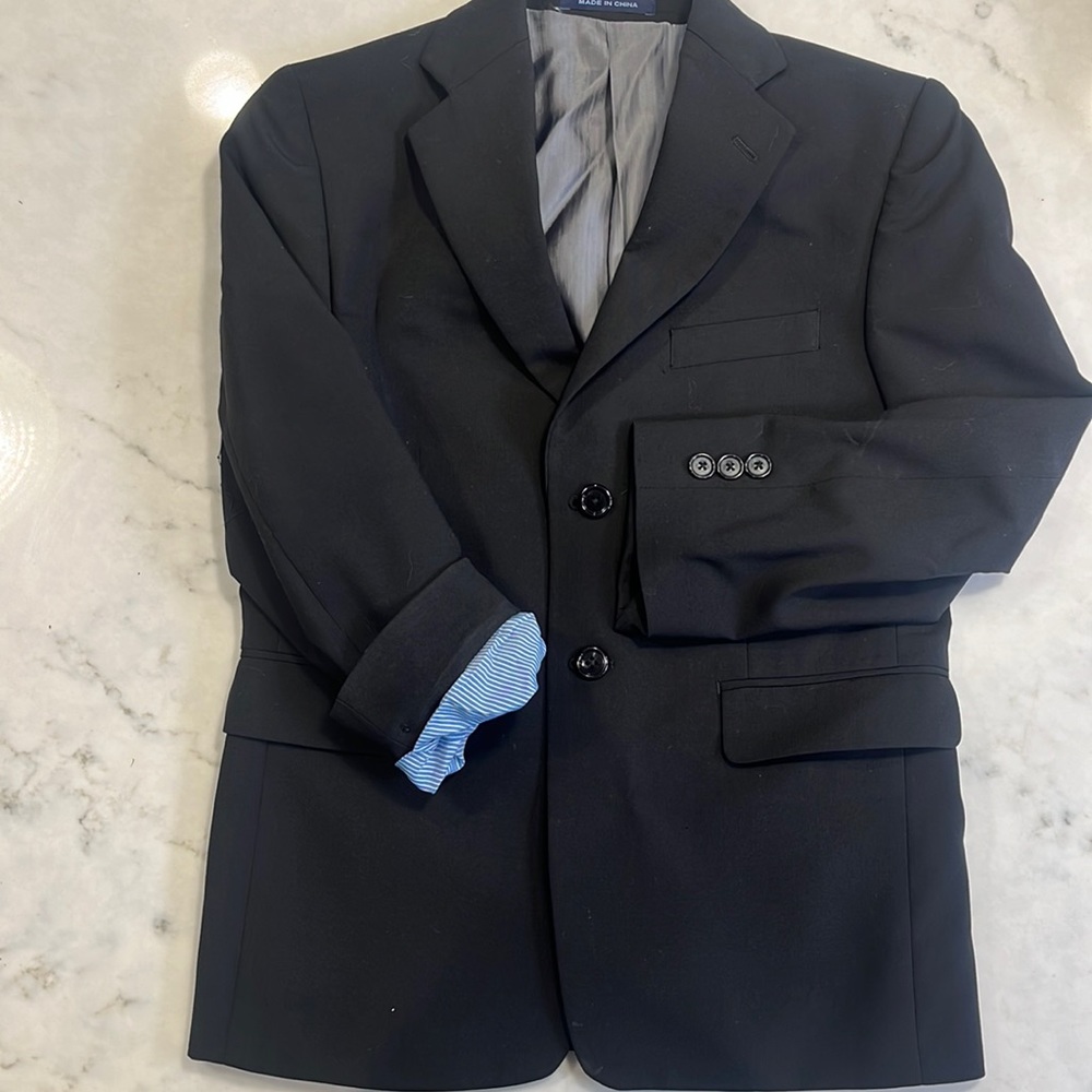 Worn once! Joseph Aboud separates sports coat. Black. Blue stripe sleeve lining